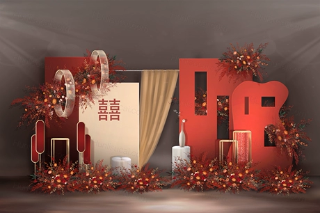 红色香槟色侘寂风格新中式2021婚礼设计婚庆效果图背景素材-婚礼素材网