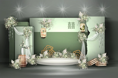 绿色小众独特高端新中式婚礼设计效果图背景方案喷绘素材psd-婚礼素材网