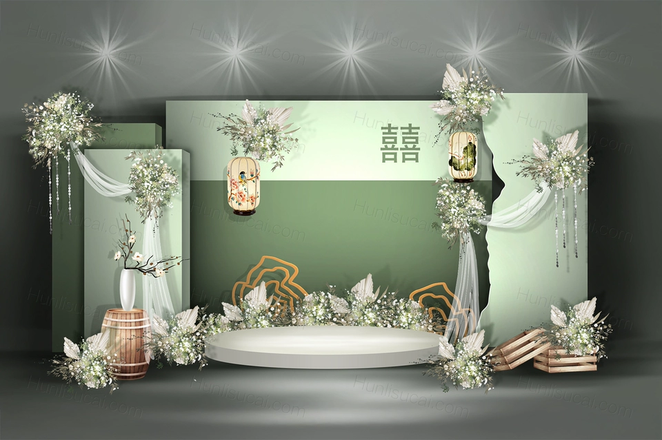 绿色小众独特高端新中式婚礼设计效果图背景方案喷绘素材psd-婚礼素材网