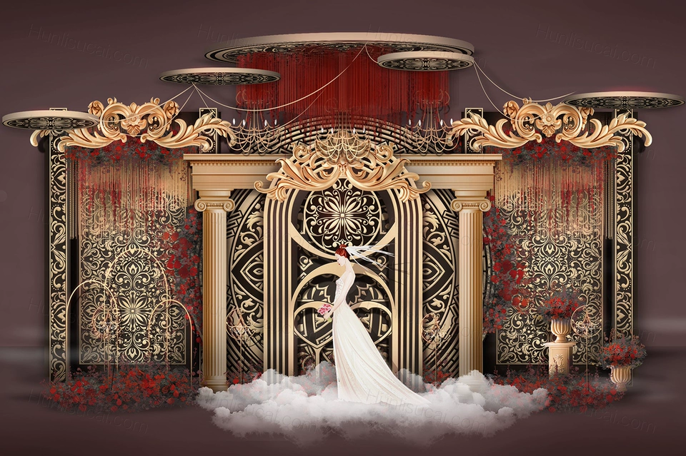 金色黑色哥特风格高端欧式婚礼设计婚庆效果图背景方案素材psd-婚礼素材网