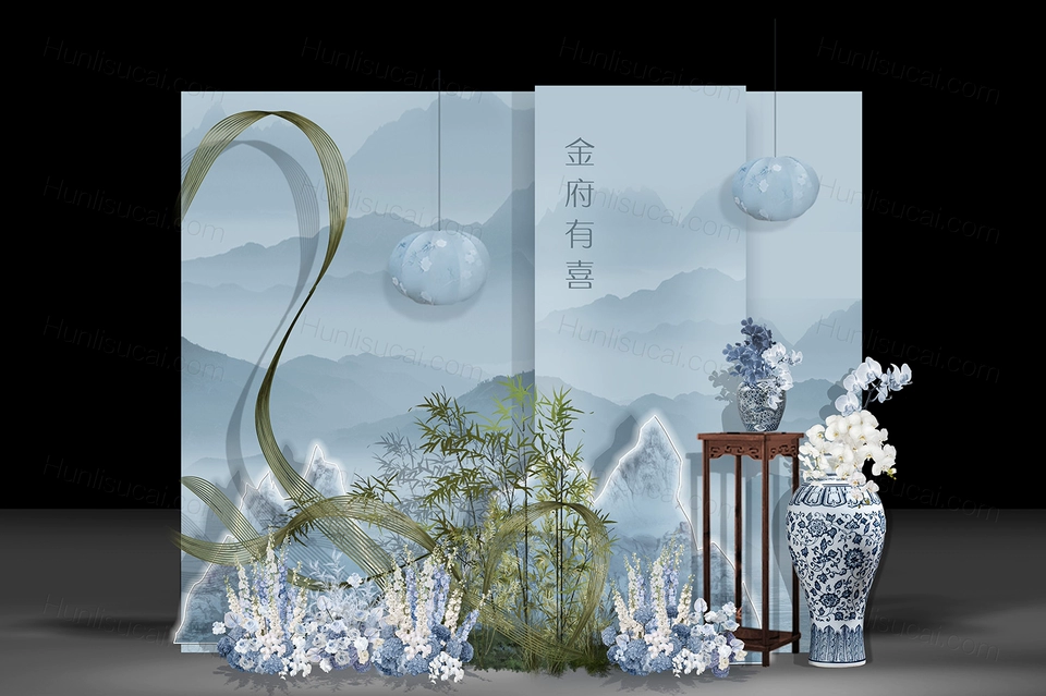 雾霾蓝古典中式中国风水墨婚礼设计舞台展示区效果图素材psd-婚礼素材网