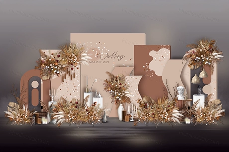 咖色泰式婚礼设计婚庆效果图舞台展示区签到区背景素材psd-婚礼素材网