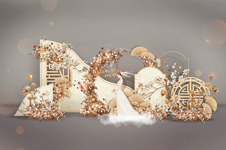 香槟色舞台吊顶工笔画高端中式婚礼设计婚庆效果图背景psd素材-婚礼素材网