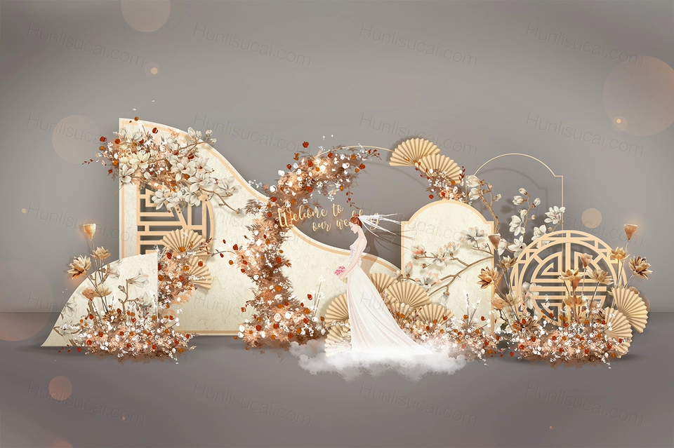 香槟色舞台吊顶工笔画高端中式婚礼设计婚庆效果图背景psd素材-婚礼素材网