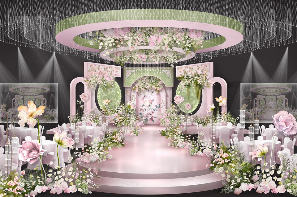粉色绿色撞色风小碎花小清新风格婚礼设计舞台效果图背景素材-婚礼素材网