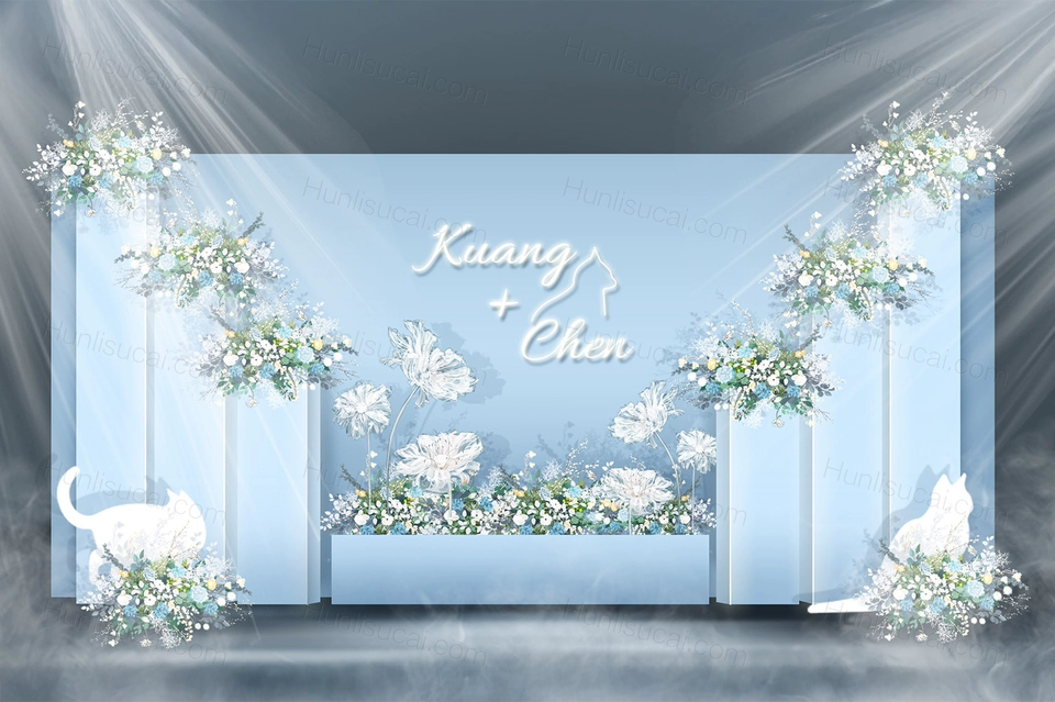 淡蓝色INS简约风格西式婚礼设计婚庆效果图背景方案喷绘素材-婚礼素材网