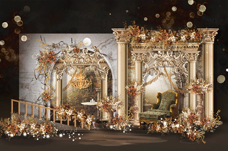 香槟色金色欧式奢华宫廷风油画背景罗马柱婚礼设计背景方案素材-婚礼素材网