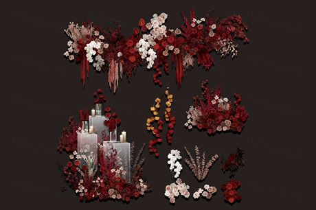 红白色秀场风婚礼手绘花艺psd素材户外小众道具摆件psd分层源文件-婚礼素材网