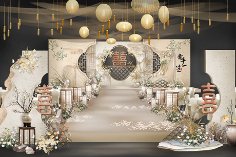 香槟色古典复古新中式婚礼设计婚庆效果图背景方案素材psd-婚礼素材网