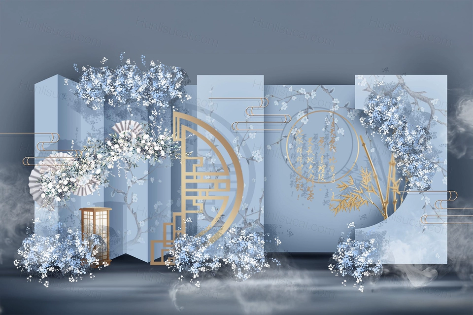 蓝色中国风中式传统高端婚礼设计婚庆效果图舞台签到背景素材-婚礼素材网