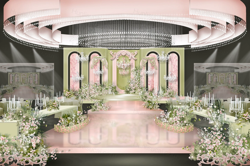 粉色嫩绿色法式婚礼设计粉绿色花艺效果图舞台手绘素材psd-婚礼素材网