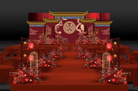 红色喜庆屋檐大喜背景古典婚礼设计舞台效果图背景方案素材psd-婚礼素材网