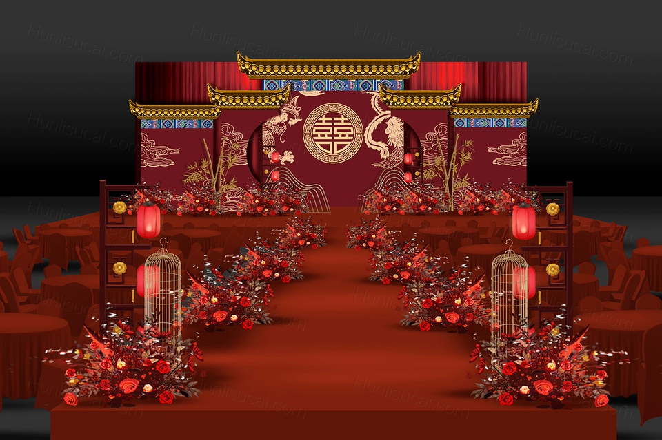 红色喜庆屋檐大喜背景古典婚礼设计舞台效果图背景方案素材psd-婚礼素材网