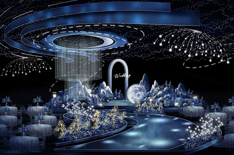 蓝色梦幻星空浪漫婚礼星空月亮婚礼梦幻星辰婚礼效果图ps素材分层-婚礼素材网