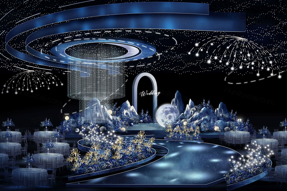 蓝色梦幻星空浪漫婚礼星空月亮婚礼梦幻星辰婚礼效果图ps素材分层-婚礼素材网