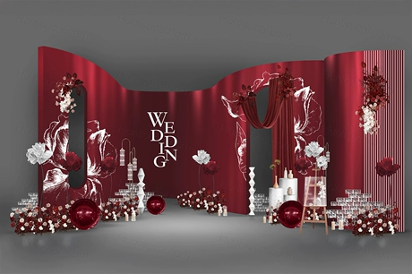 酒红色喜庆舞台圆形背景水晶珠帘吊顶高端婚礼设计背景素材效果图-婚礼素材网