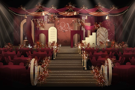 酒红色橘色美式乡村风格婚礼设计舞台效果图背景喷绘素材psd-婚礼素材网