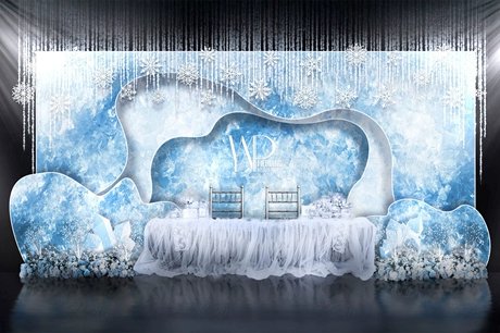 蓝色夏日冰雪主题婚礼设计婚庆舞台展示区签到区背景喷绘素材-婚礼素材网