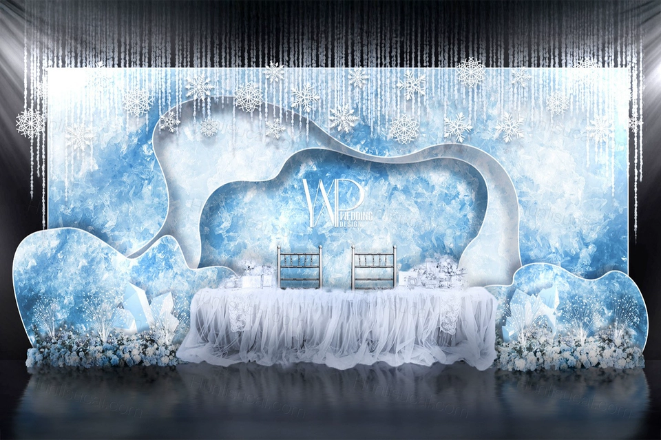 蓝色夏日冰雪主题婚礼设计婚庆舞台展示区签到区背景喷绘素材-婚礼素材网
