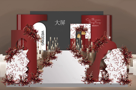 大红色喜庆法式简约舞台大屏LED装饰婚礼设计效果图背景素材-婚礼素材网