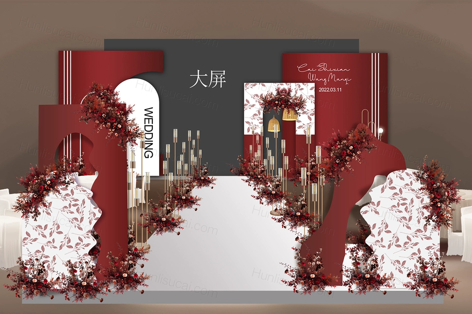 大红色喜庆法式简约舞台大屏LED装饰婚礼设计效果图背景素材-婚礼素材网