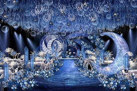 蓝色月亮星空水晶婚礼舞台背景KT板布置婚庆效果图PSD源文件素材-婚礼素材网