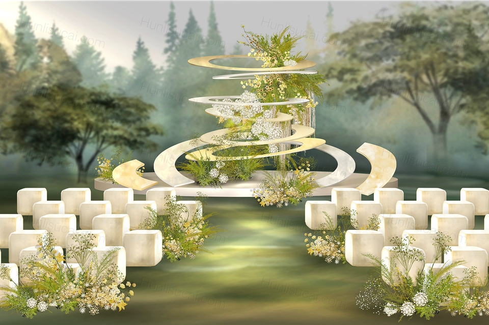 香槟色圆环罗旋装置创意设计婚礼设计户外草坪布置效果图psd-婚礼素材网
