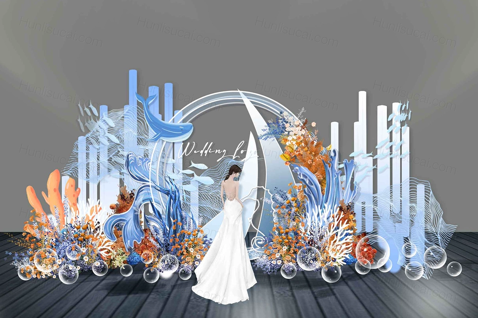 蓝色橘色撞色风创意小众海浪海洋婚礼设计效果图素材psd源文件-婚礼素材网