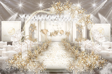 浅香槟色INS简约风格高端西式婚礼设计婚庆效果图背景喷绘素材-婚礼素材网