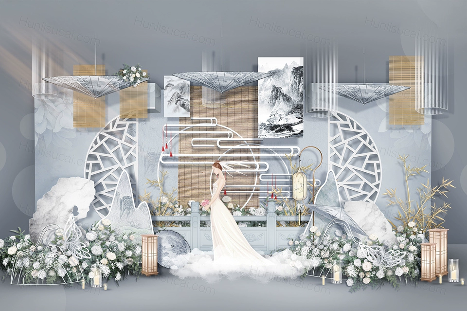 雾霾蓝中国画背景传统新中式婚礼设计婚庆效果图背景方案素材-婚礼素材网