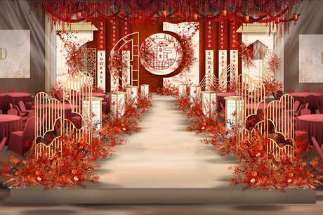 红色香槟色喜庆中国风新中式婚礼设计婚庆效果图背景布置素材-婚礼素材网