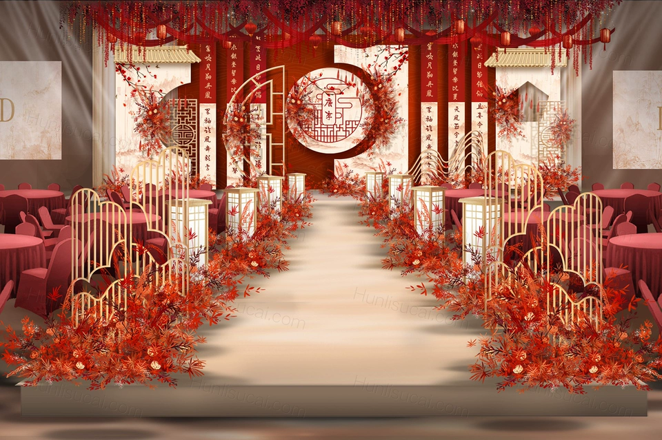 红色香槟色喜庆中国风新中式婚礼设计婚庆效果图背景布置素材-婚礼素材网