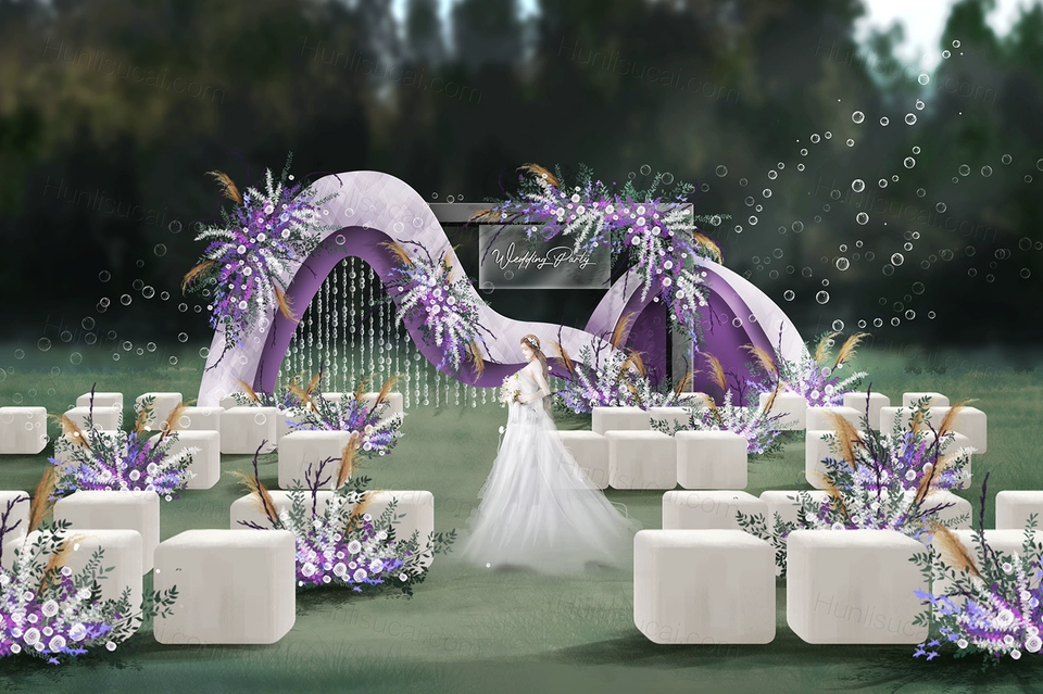 紫色户外草坪婚礼侘寂风时尚婚礼手绘效果图背景PSD素材婚礼-婚礼素材网