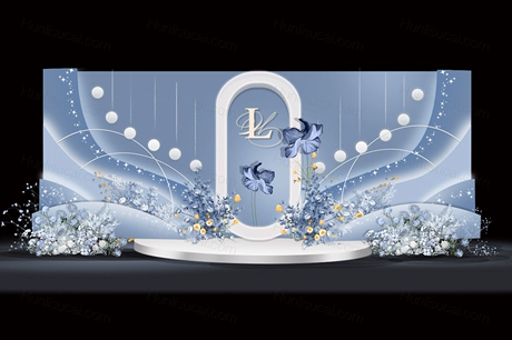 蓝色落日婚礼手绘效果图psd设计素材源文件蓝色布幔吊顶素材舞台-婚礼素材网