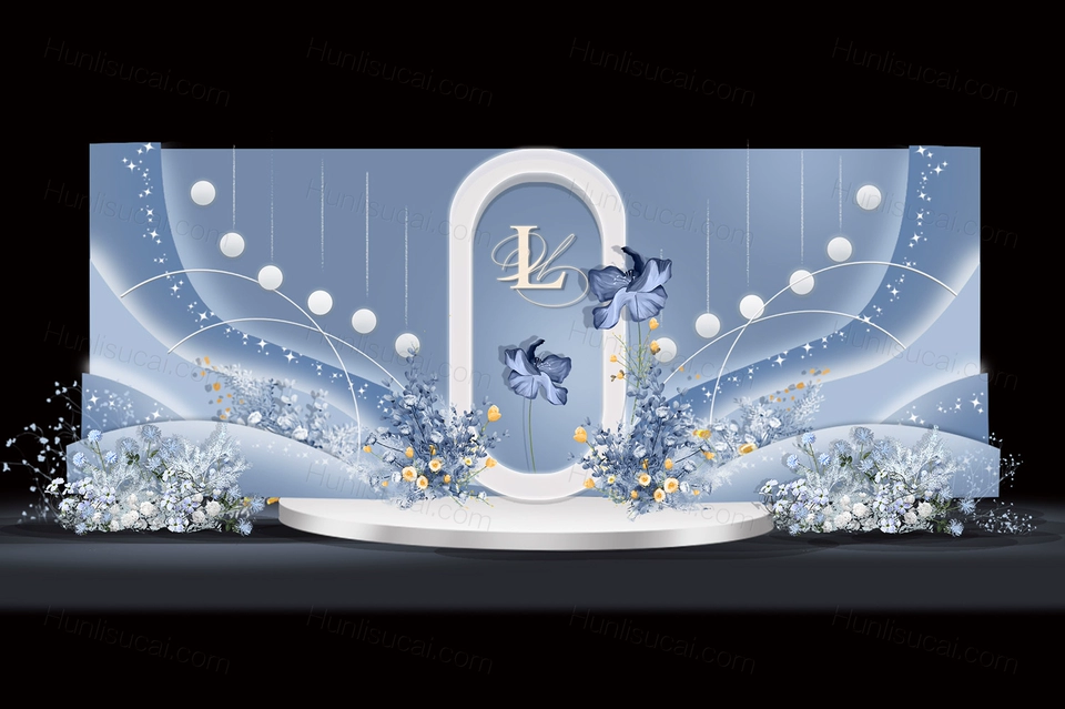 蓝色落日婚礼手绘效果图psd设计素材源文件蓝色布幔吊顶素材舞台-婚礼素材网