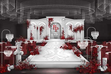 红白色法式欧式水晶吊顶水晶路引罗马柱拱门婚礼设计效果图素材-婚礼素材网