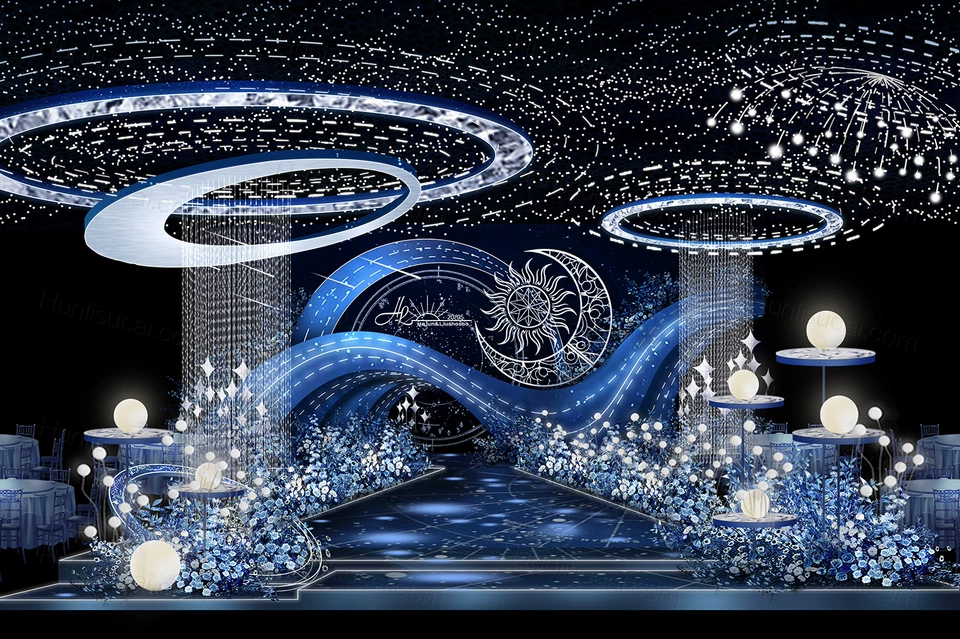 蓝色星空主题星星灯吊顶高端婚礼设计效果图素材psd源文件-婚礼素材网