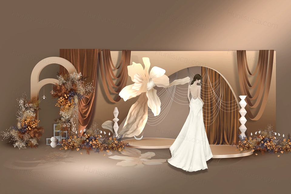 咖色香槟色秋色小众布幔纸花迎宾区婚礼图psd设计素材效果图-婚礼素材网