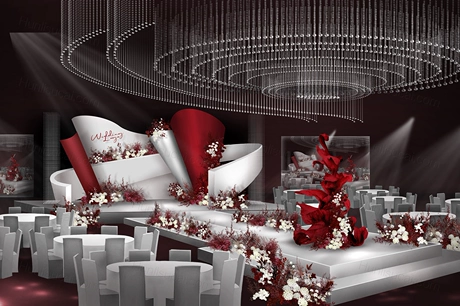 红色白色弧形背景珠帘吊顶小众风格婚礼设计舞台效果图素材psd-婚礼素材网