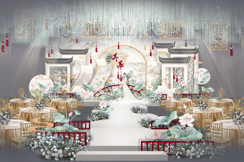 白色淡绿色荷花屋檐花鸟新中式中国风婚礼设计婚庆舞台背景素材-婚礼素材网