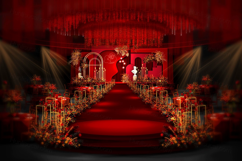 红色喜庆西式简约高端莫兰迪婚礼设计婚庆效果图背景方案素材-婚礼素材网