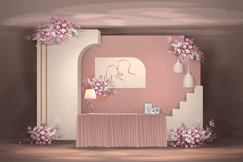 莫兰迪粉金色INS简约雅粉浅香槟西式高端婚礼设计效果图素材-婚礼素材网