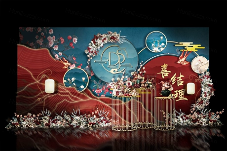 红色蓝色中国风高端花鸟新中式婚礼设计婚庆效果图舞台背景素材-婚礼素材网