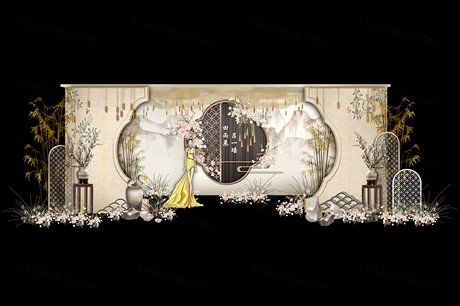 香槟色古典新中式国画水墨背景婚礼设计效果图素材psd源文件-婚礼素材网