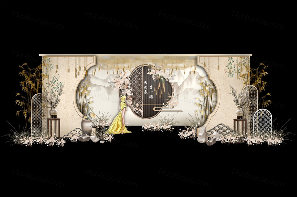 香槟色古典新中式国画水墨背景婚礼设计效果图素材psd源文件-婚礼素材网
