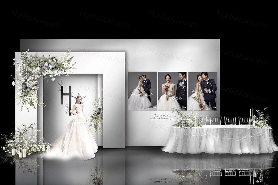 结婚效果图白绿色秀场风婚礼素材设计图花艺PSD源文件-婚礼素材网
