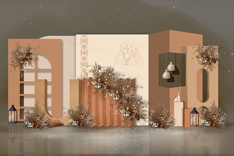 奶咖色泰式简约婚礼设计舞台展示区效果图复古风格素材psd-婚礼素材网