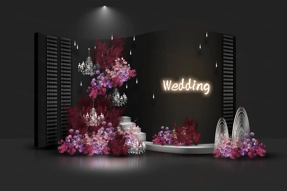 韩式简约小众玫红色黑色婚礼水晶效果图PSD婚礼源文件素材-婚礼素材网