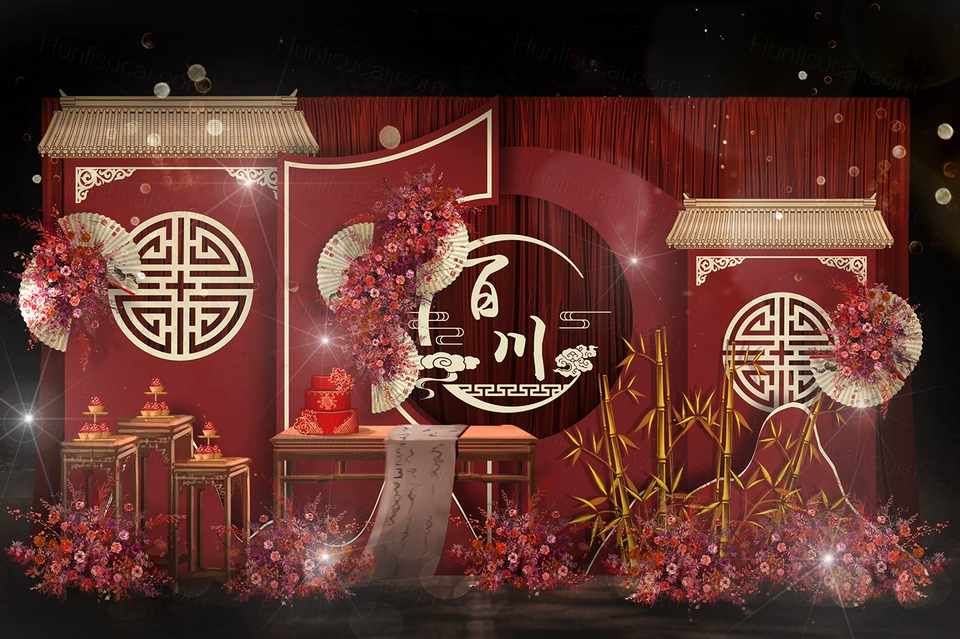 暗红色新中式婚礼效果图喷绘KT输出源文件制作素材舞台签到背景-婚礼素材网