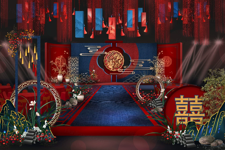 红蓝色撞色风格新中式婚礼设计舞台展示区效果图背景素材psd-婚礼素材网